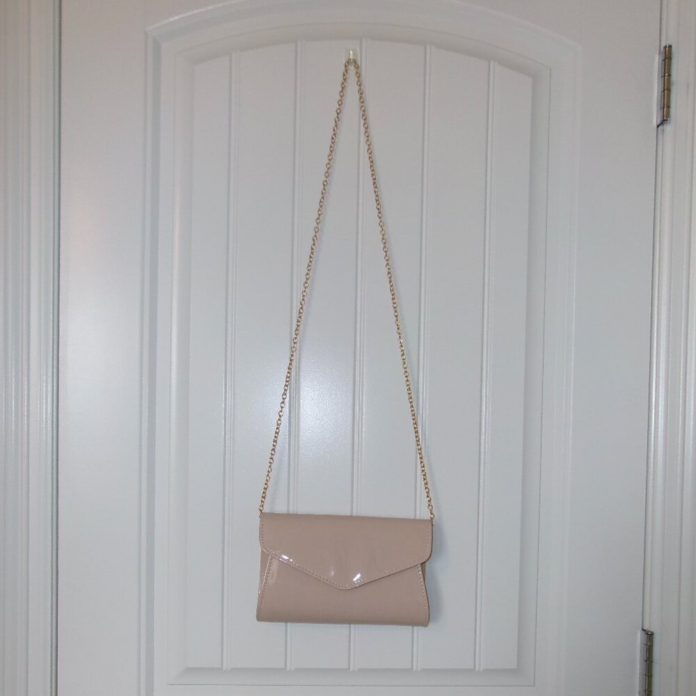 beige formal clutch purse with gold strap